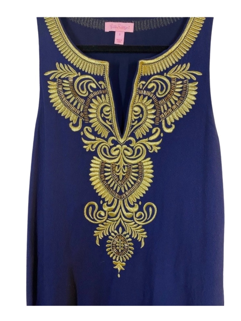 Lilly Pulitzer Aubra Embroidered Gold & Navy Sleeveless Shift Dress • LIKE NEW - Picture 7 of 10